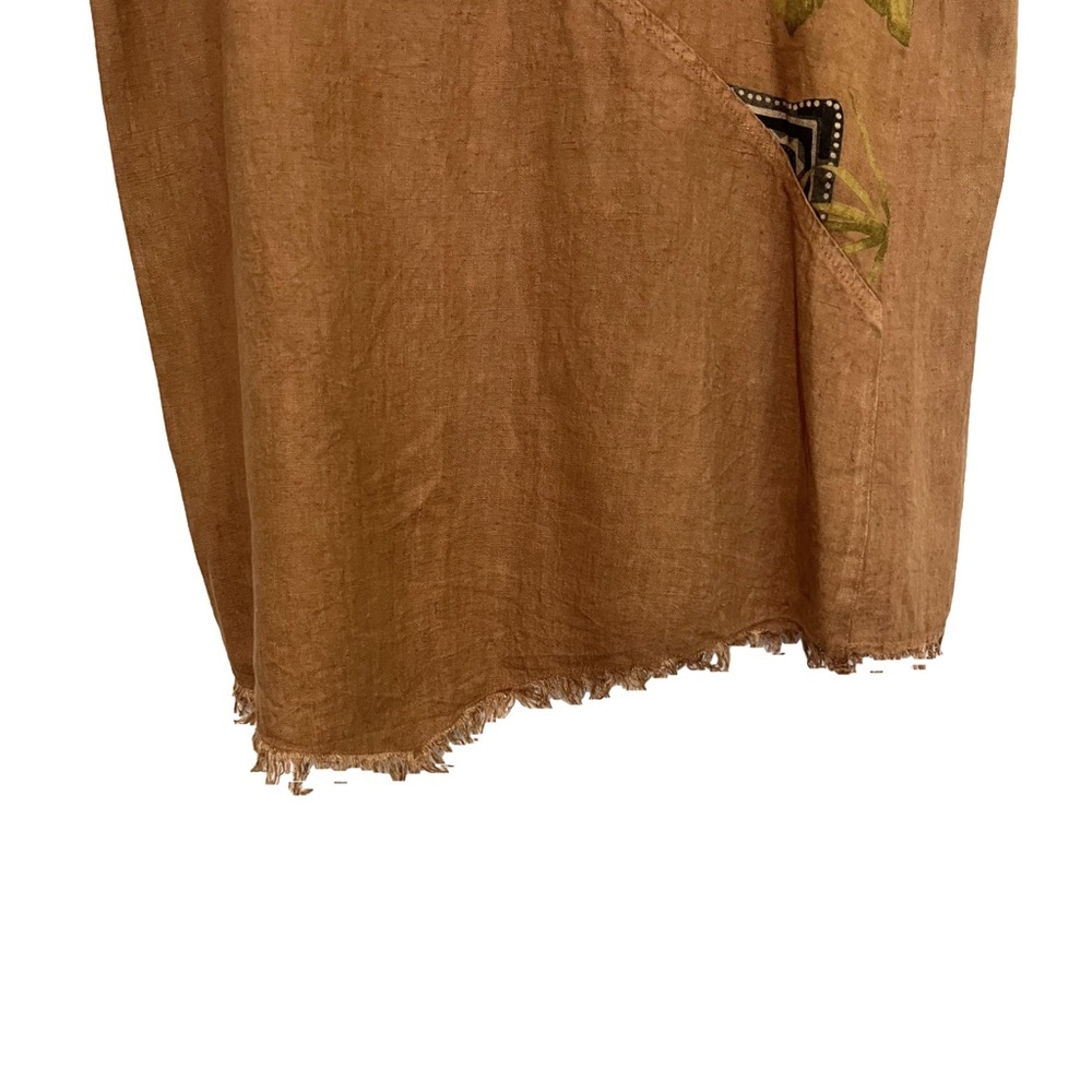 Women’s Tan Linen Skirt Palm Tree Leopard Flower Fringe Large Asymmetrical - Picture 8 of 9